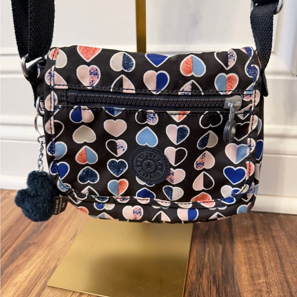 Kipling Black Crossbody Bag with Blue, Pink and Coral Heart Print